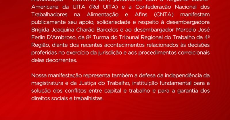 CONTAC, Rel UITA e CNTA lançam carta de apoio e solidariedade a desembargadores